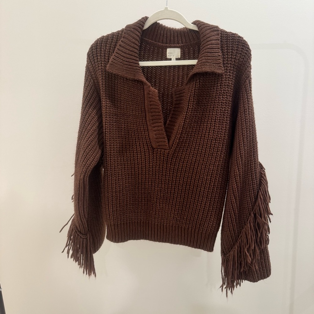 Brown Fringe Knit Sweater - ANTHROPOLOGIE
